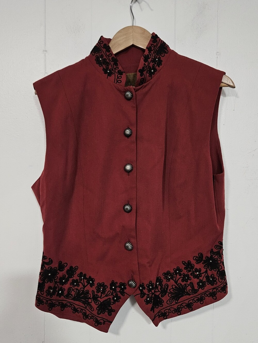Double D Ranch Embroidered Red Button-Up Vest with Black Floral Trim